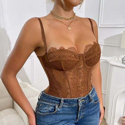 Lace Halter Bodysuit - Hollow-Out Stitching Intimate Wear