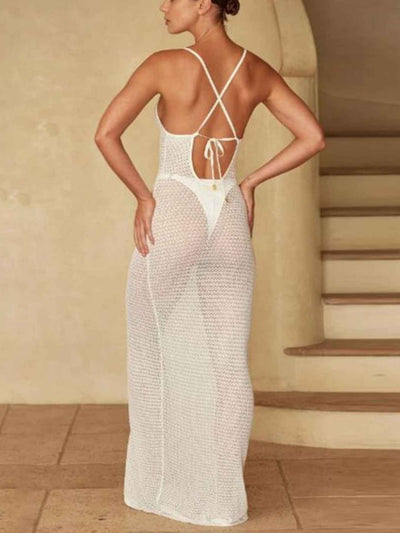 Slit Cover-Up Dress - Openwork Crochet Knit
