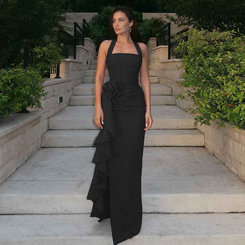 Elegant Three-dimensional Flower Maxi Dress - Sleeveless Halter