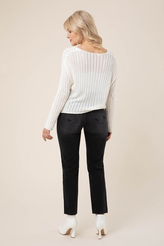 Ivory Variegated Ribbed V-Neck Sweater