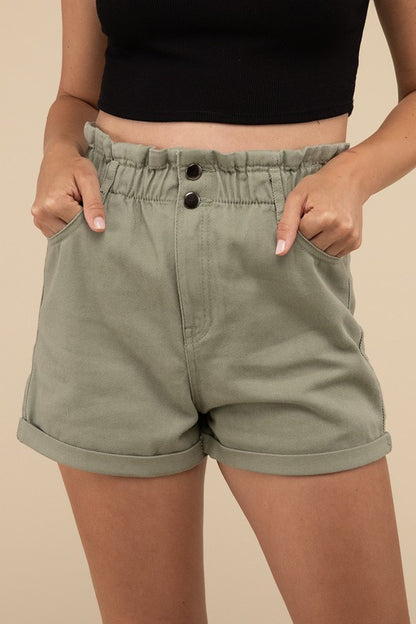 Double Buttoned Ruffle Waistband Denim Shorts