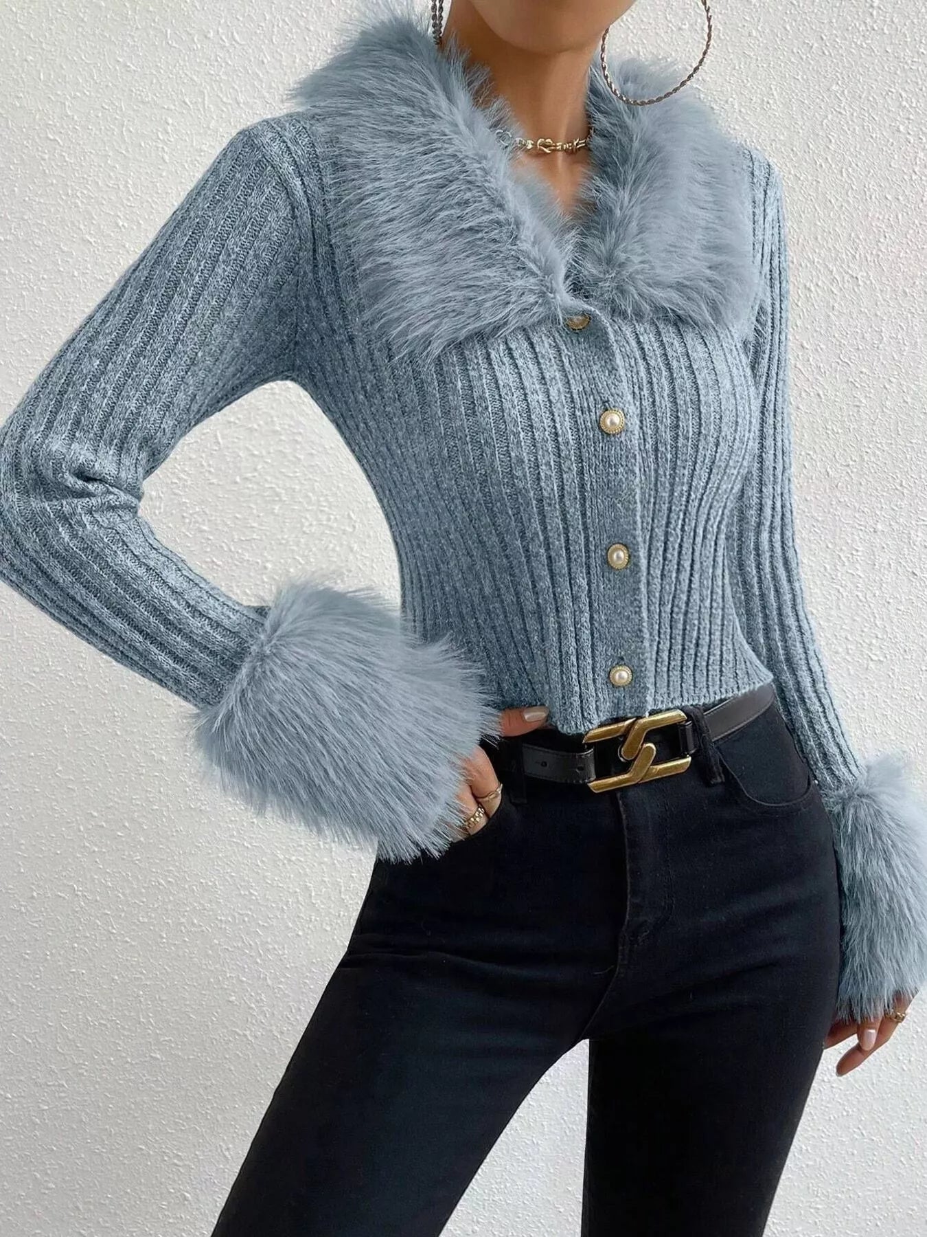 Faux Fur Trim Ribbed Knit Cropped Cardigan - Fashions Envy