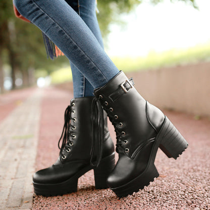 Chunky Heel Boots - Square Toe Martin Boot Style
