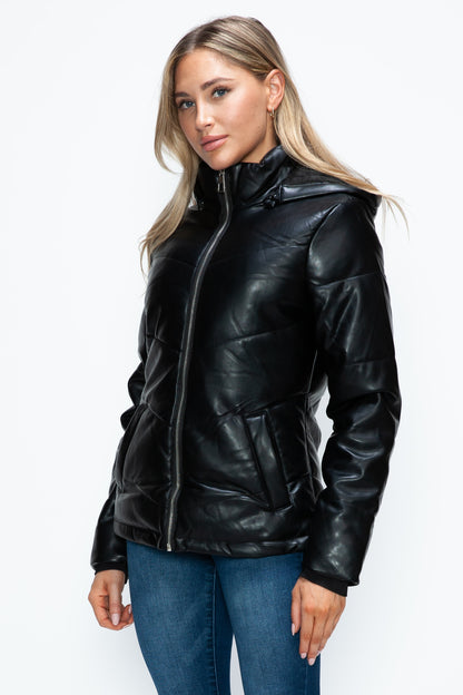 Black Pocketed Zip Up Puffer Jacket with Removable Hood