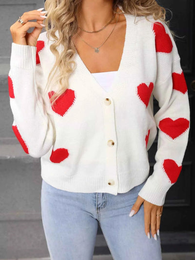 Heart Pattern Cardigan - Valentine's Day Knit Button-Up - Fashions Envy