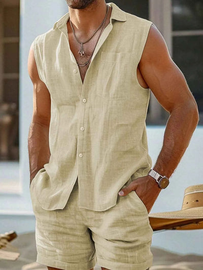 Men's Plus Size Casual Button Up Vest & Shorts Set