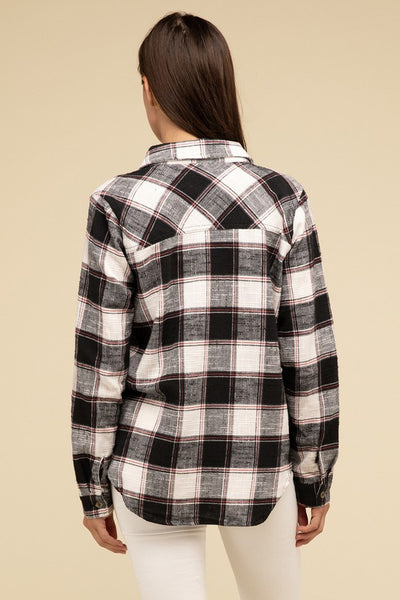 Cotton Plaid Shacket With Front Pocket - Fashions Envy