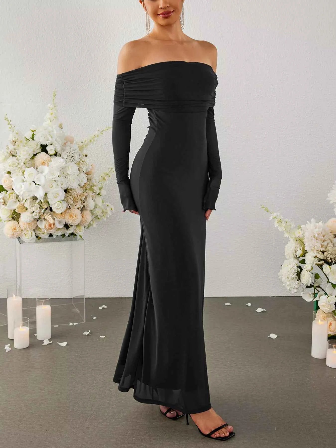Off-Shoulder Ruched Long Sleeve Maxi Dress