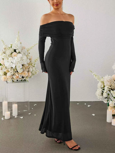 Off-Shoulder Ruched Long Sleeve Maxi Dress