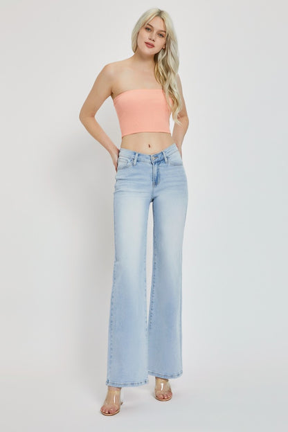 RISEN Full Size Wide Leg V Dipped Front Waist Jeans - Fashions Envy