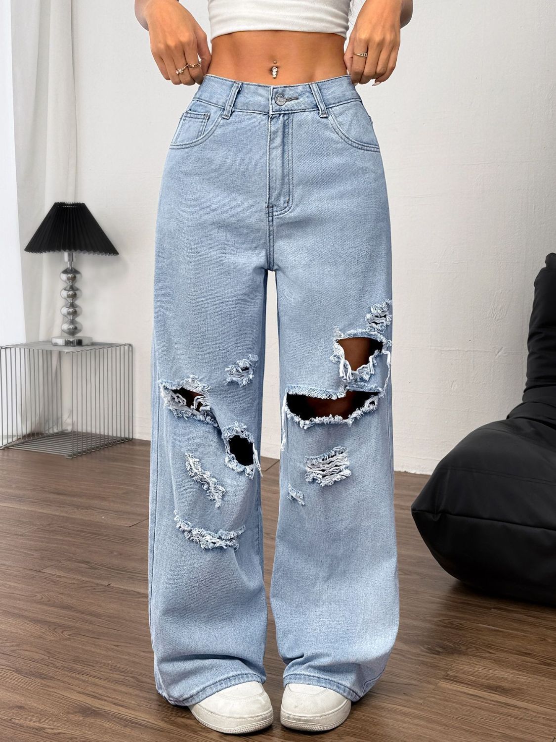 Light Denim Distressed Wide Leg Jeans with Pockets