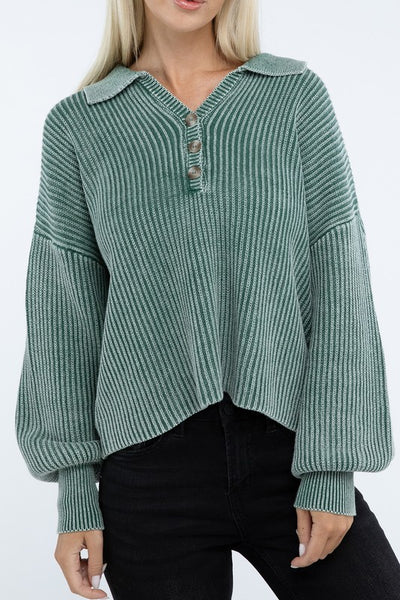 Ribbed Washed Collared Henley Sweater - Fashions Envy