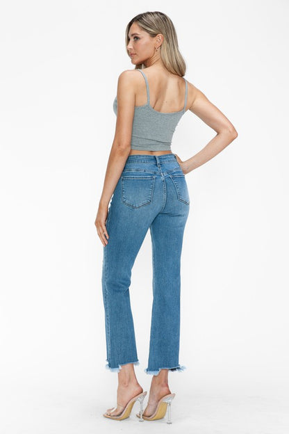 Medium Blue Raw Hem Distressed Mid Rise Crop Jeans