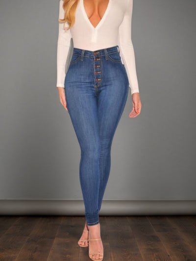 High Waisted Buckle Jeans - Mid Blue Fashion Style - Fashions Envy
