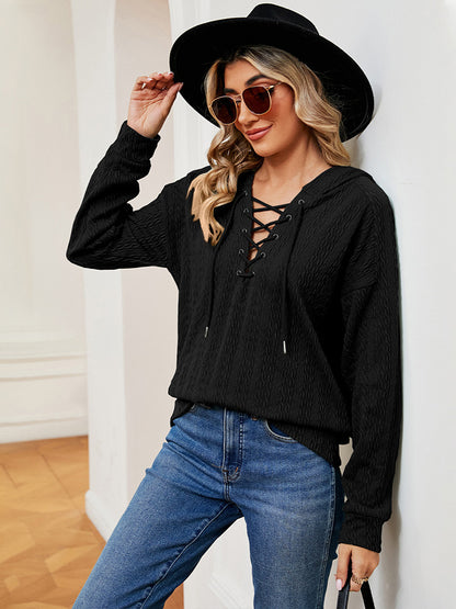 Lace-Up Long Sleeve Hoodie - Fashions Envy