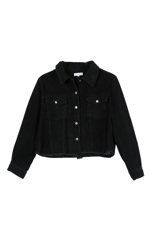 Long Sleeve Shirt Collar Frayed Corduroy Jacket