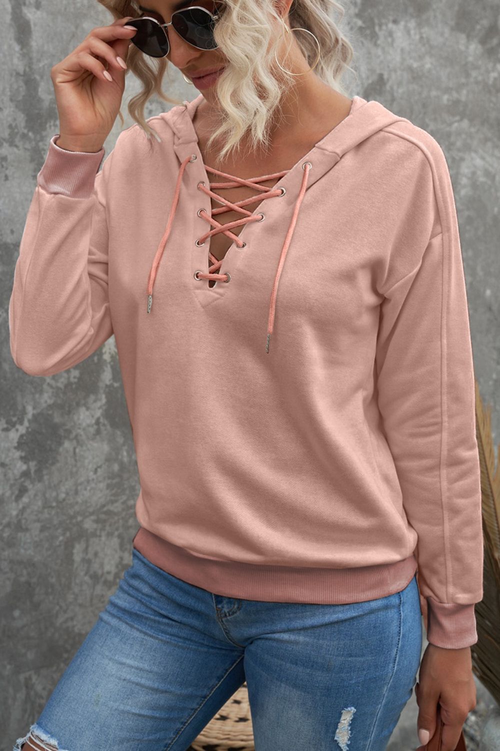 Lace Up V-neck Long Sleeve Hoodie