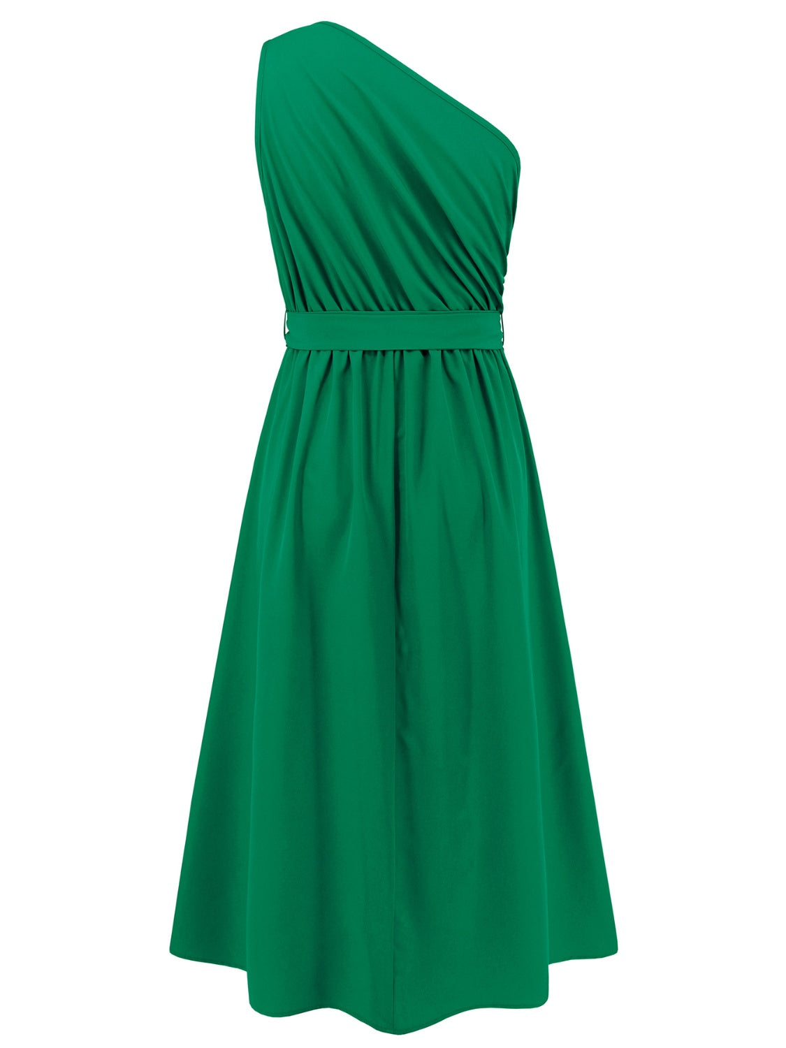 Ruched Single Shoulder Belted Midi Dress