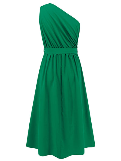 Ruched Single Shoulder Belted Midi Dress