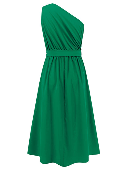 Ruched Single Shoulder Belted Midi Dress