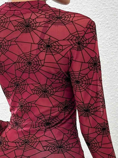 Spider Web Print Long Sleeve Blouse - Sheer Mesh Halloween Top - Fashions Envy