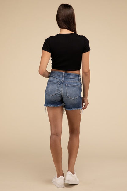 Casual Mid Rise Raw Frayed Hem Fitted Denim Shorts