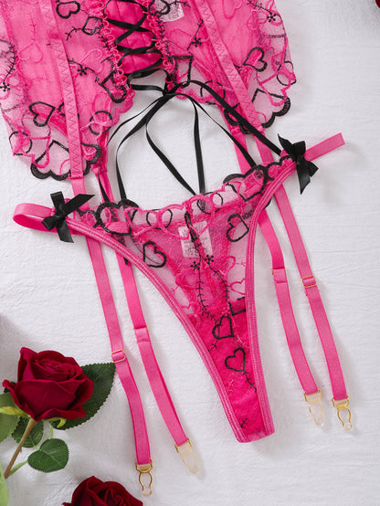 Love Embroidered Garter Set - 3PC Lace-Up Lingerie