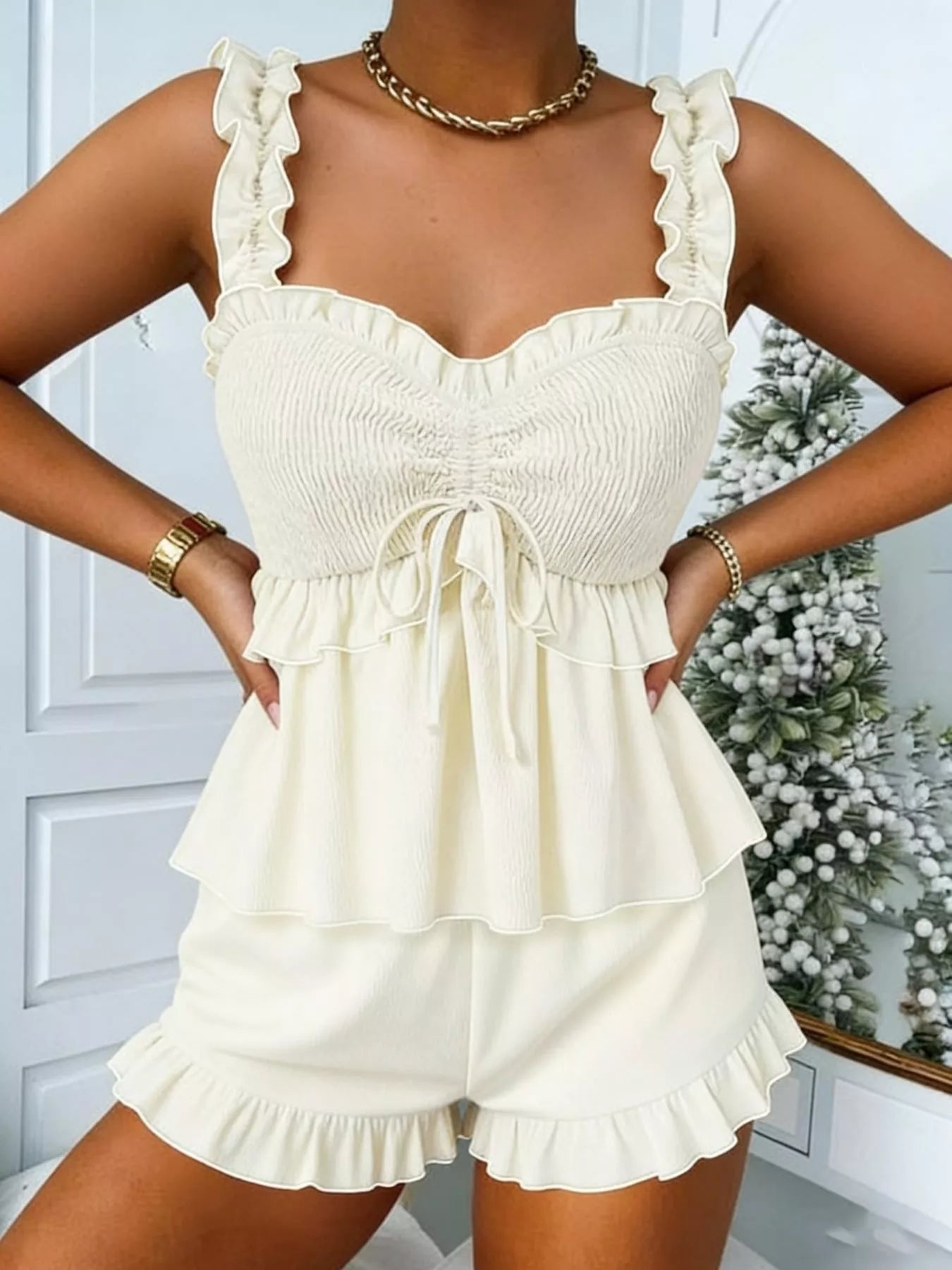 Cami and Shorts Set - Ruffled Smocked Wide Strap - Fashions Envy