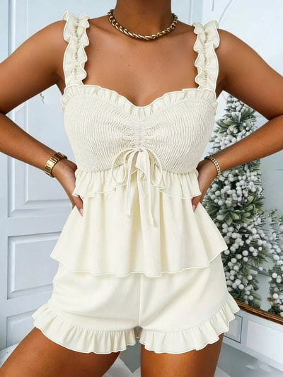 Cami and Shorts Set - Ruffled Smocked Wide Strap - Fashions Envy