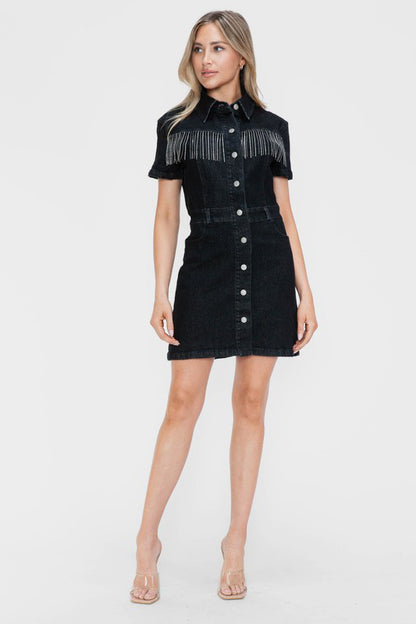 Black Full Size Embellished Button Down Short Sleeve Denim Dress