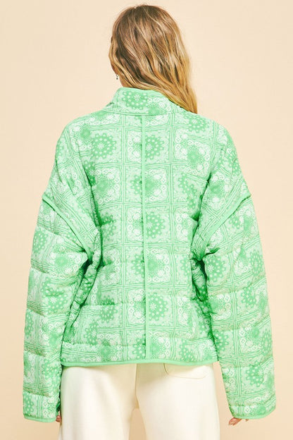 Neon Green Vintage Print Open Front Jacket with Pockets