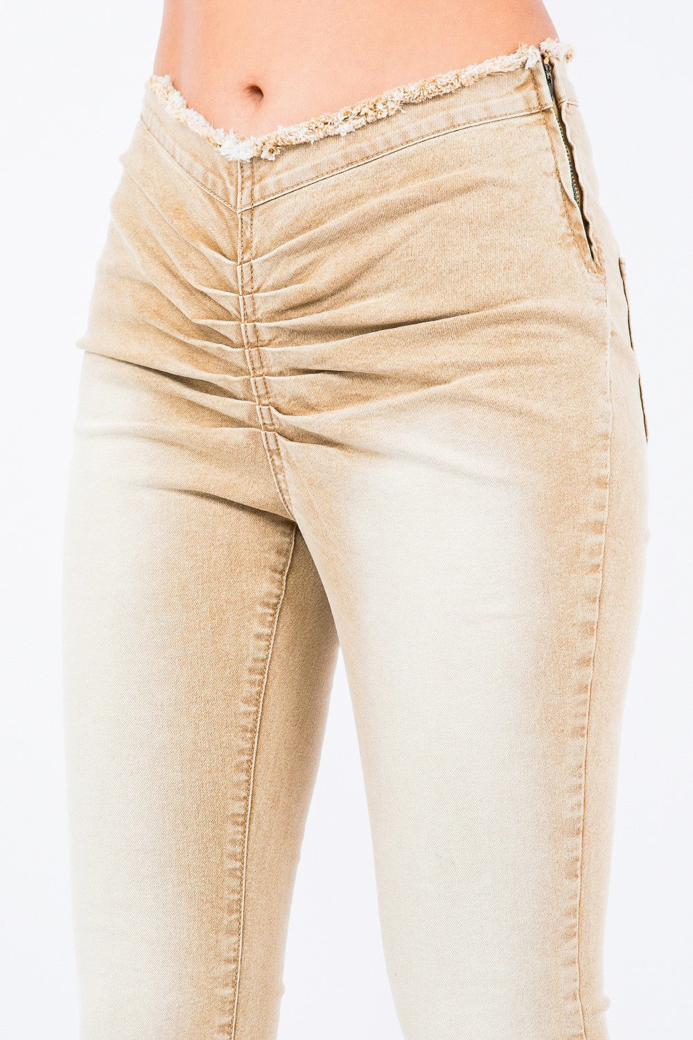 Tan V-Cut Ruched Flare Leg Retro Side Zipper Pants