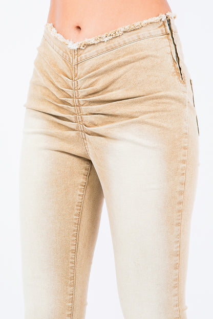 Tan V-Cut Ruched Flare Leg Retro Side Zipper Pants