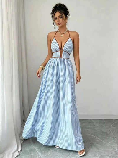 Striped Halter Neck Maxi Dress