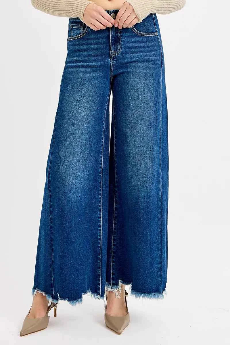 RISEN Wide Leg Jeans - Ankle Length Dark Wash Denim