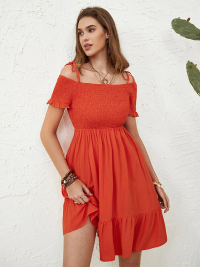 Orange Smocked Spaghetti Strap Short Sleeve Mini Dress