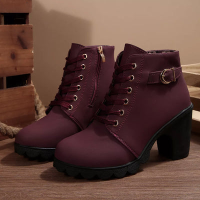 Lace Up Boots - Block High Heels - Fashions Envy