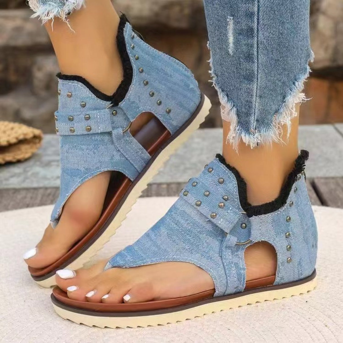 Studded Raw Hem Flat Sandals - Fashions Envy