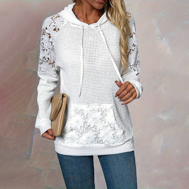 Women's Solid Color Casual Hoodie With Lace-Trim