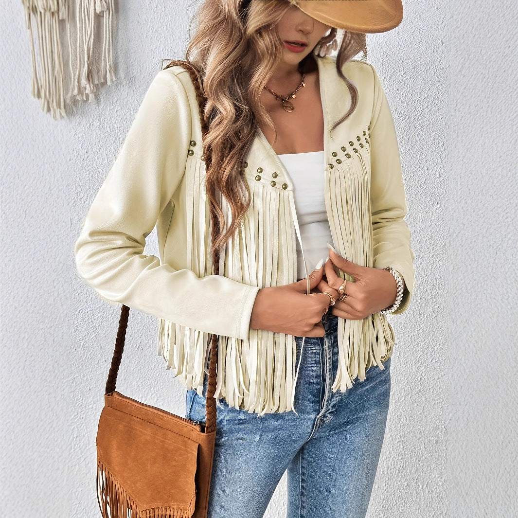 Elegant Solid Color Tassel Trimmed Front Open Jacket