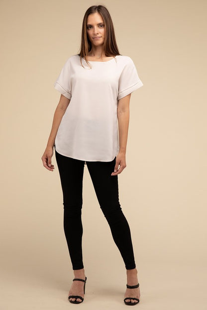 Woven Heavy Dobby Rolled Sleeve Boat Neck Top