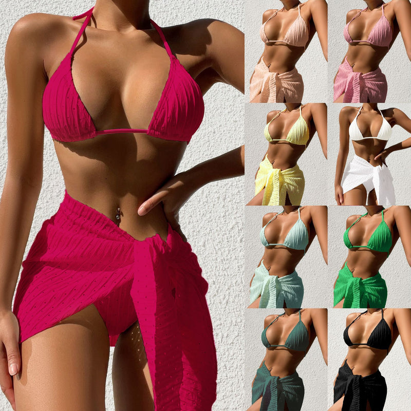 Mesh Skirt Bikini Set - 3-Piece Halterneck Swimsuit