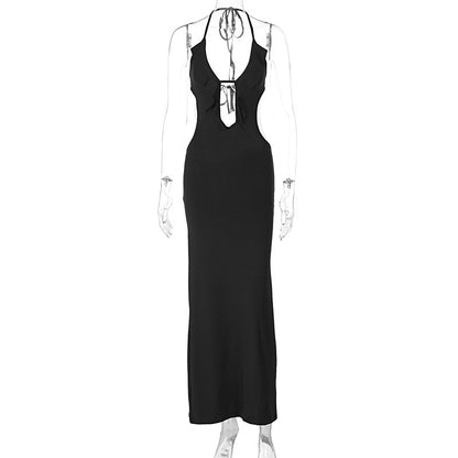 Women's Ruffled V Neck Halter Maxi Dress - Slim Fit Sling - Fashions Envy