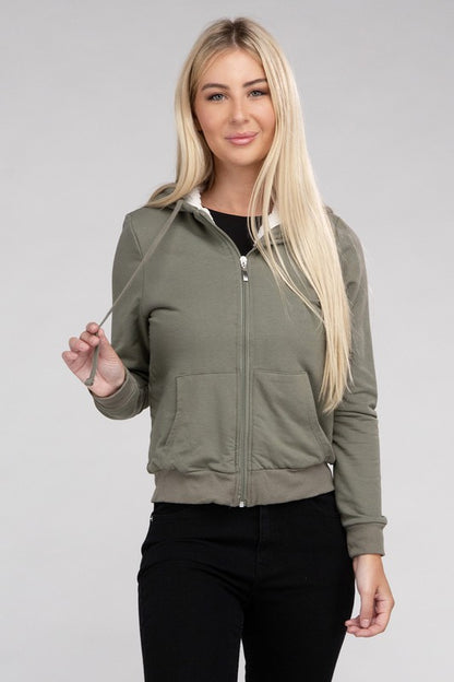 Fuzzy Trim Zip-Up Cropped Length Hoodie