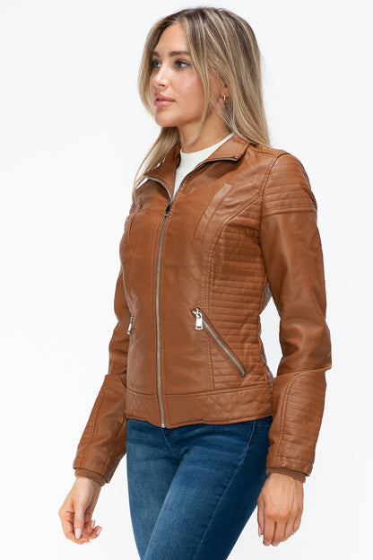 Camel Faux Layered Double-Zipper Jacket with Fuzzy Hood