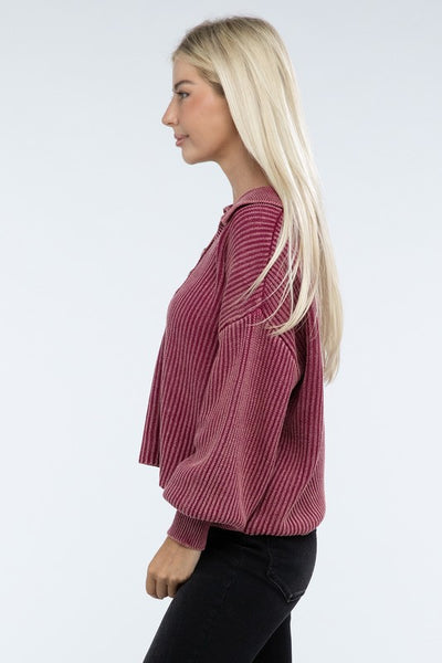 Ribbed Washed Collared Henley Sweater - Fashions Envy