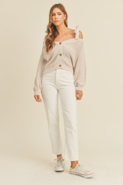 MABLE Off Shoulder Self Tie Strap Button Down Sweater - Fashions Envy