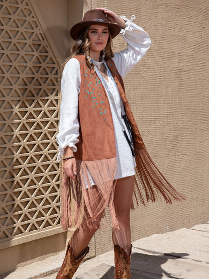 Faux Suede Fringe Hem Open Front Vest - Fashions Envy