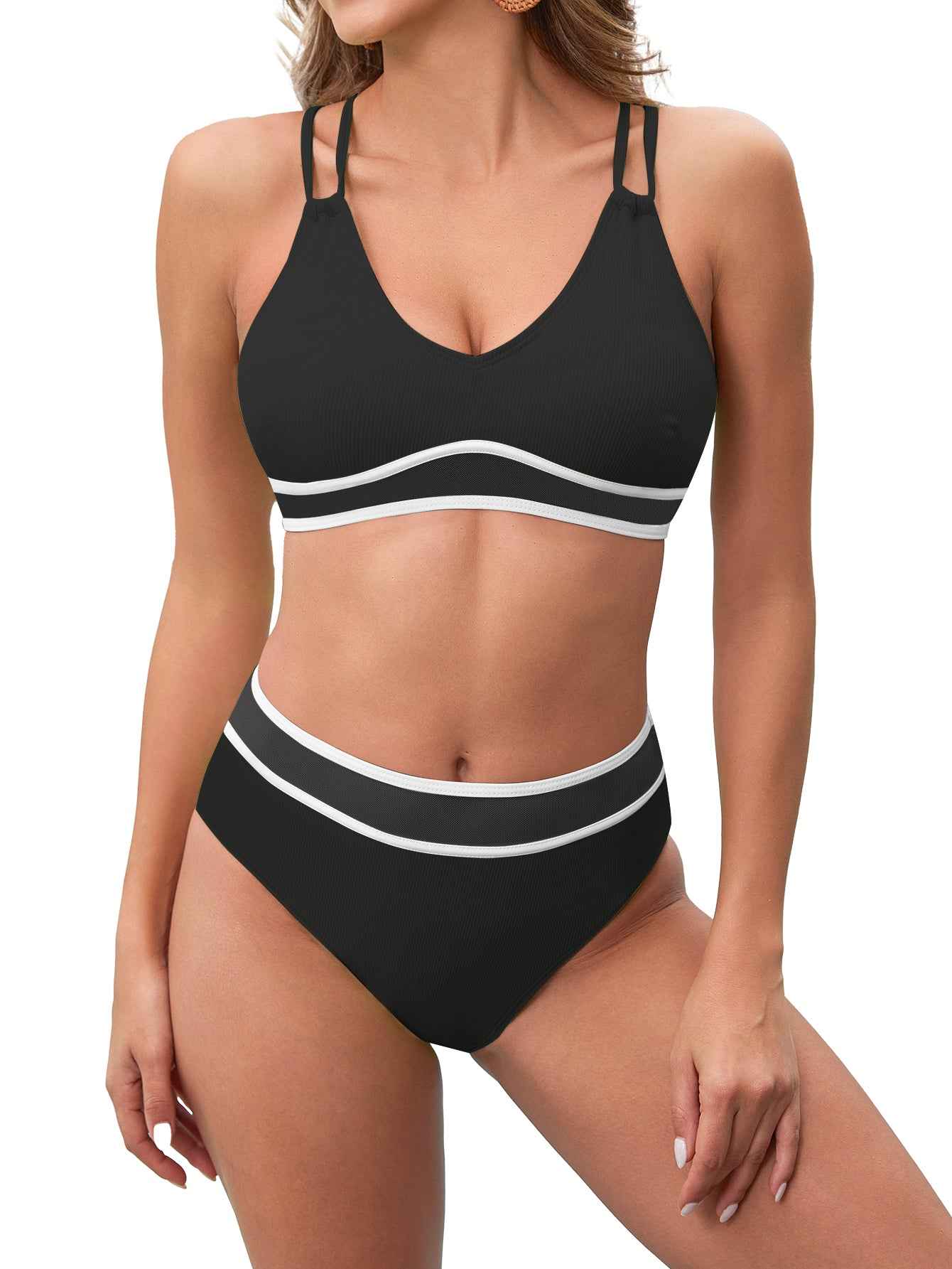 High Waist Split Bikini Set - Full Coverage Two Piece
