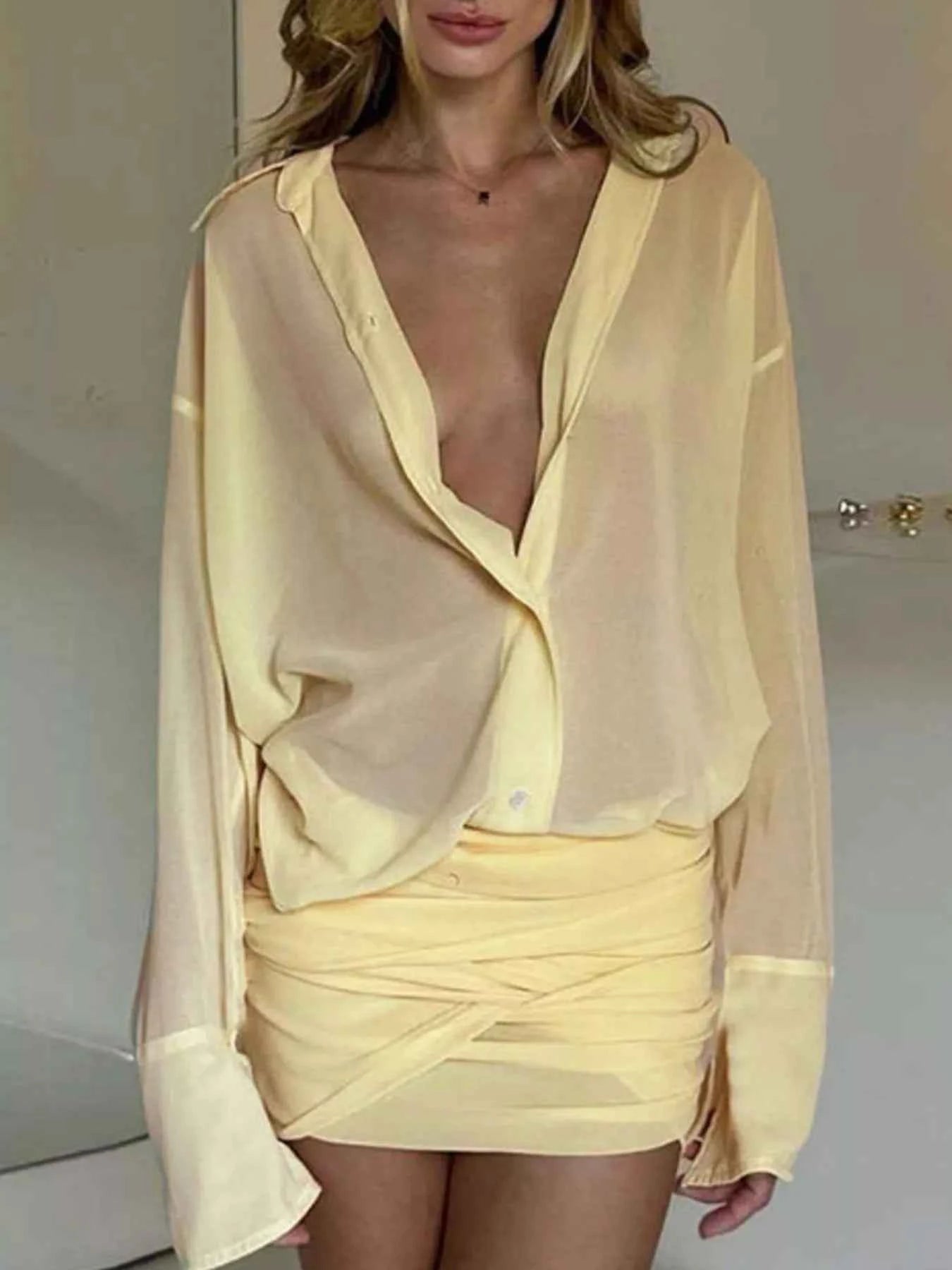 Sheer Button-Down Mini Shirt Dress with Back Tie